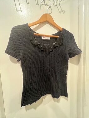 Angel Black Ribbed Short Sleeve Tee with Beaded Lace V-Neck